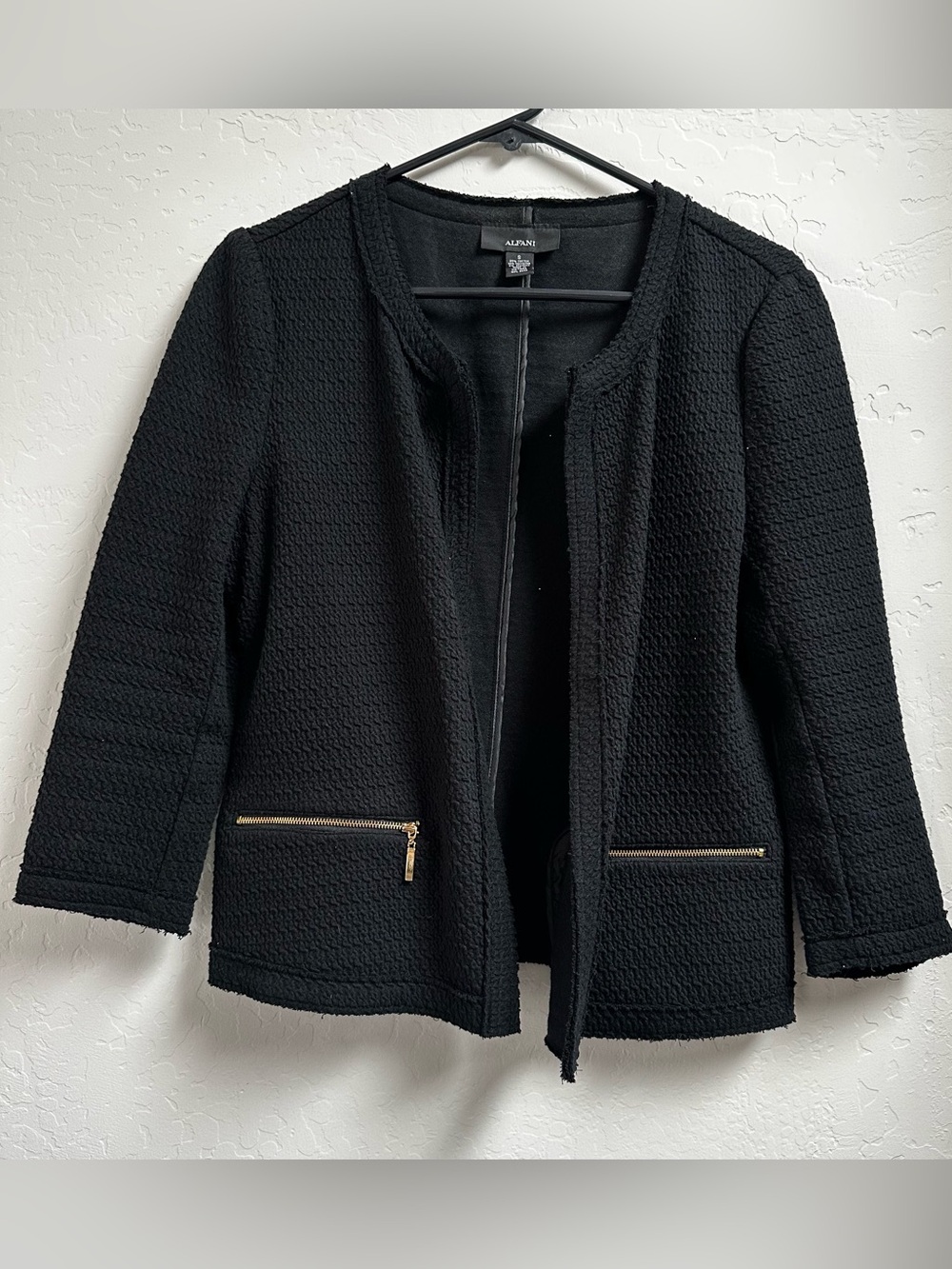 Alfani Women's Black Textured Tweed Open Front Jacket Gold Zip Pockets Size S